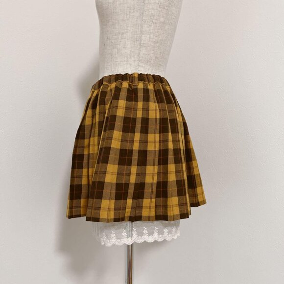 y2k mustard yellow plaid lace trim skort with pleats - Picture 3 of 7